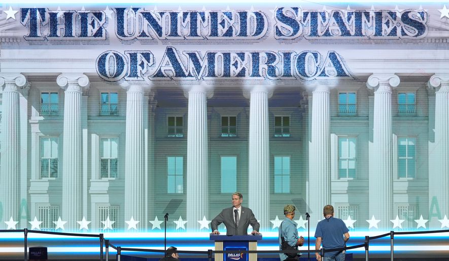 Treasury Secretary Scott Bessent stands at the podium for a rehearsal before the Republican convention Tuesday, Sept. 8, 2026, in Dallas. (AP Photo/Alex Brandon)
