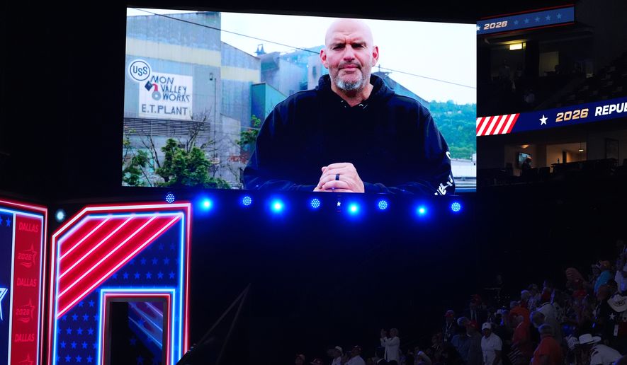 A video featuring Sen. John Fetterman, D-Pa., plays at the Republican convention Wednesday, Sept. 9, 2026, in Dallas. (AP Photo/Alex Brandon)