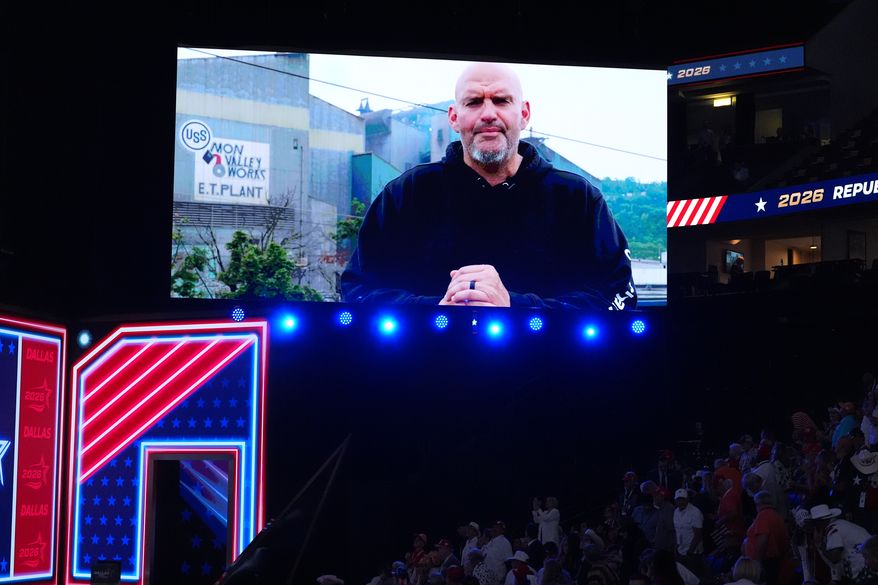 A video featuring Sen. John Fetterman, D-Pa., plays at the Republican convention Wednesday, Sept. 9, 2026, in Dallas. (AP Photo/Alex Brandon)