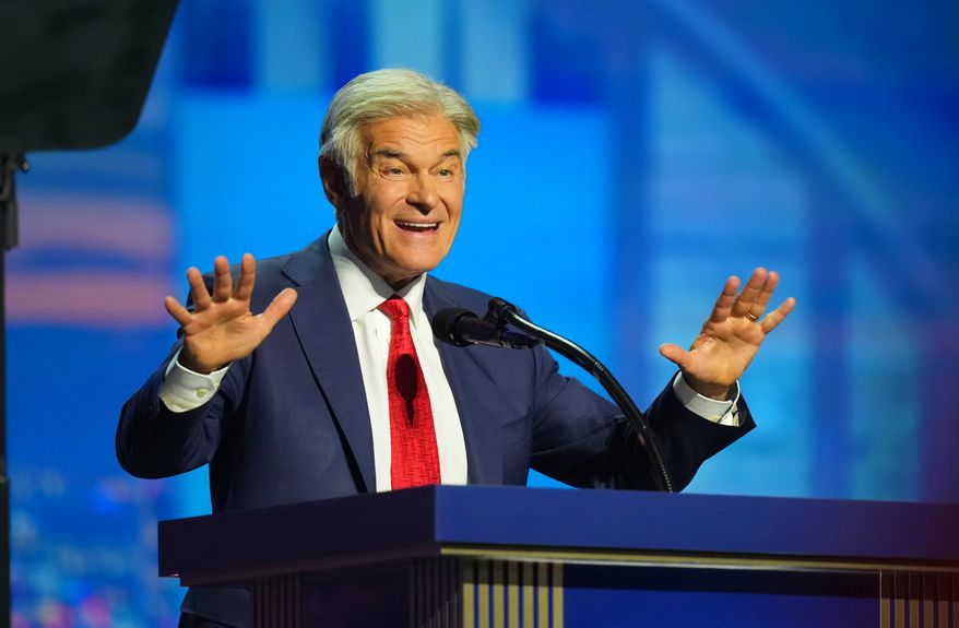 Centers for Medicare & Medicaid Services administrator Dr. Mehmet Oz speaks at the Republican convention Wednesday, Sept. 9, 2026, in Dallas. (AP Photo/Julio Cortez)
