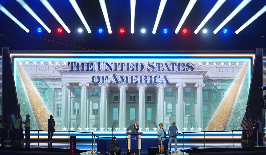 Treasury Secretary Scott Bessent stands at the podium for a rehearsal before the Republican convention Tuesday, Sept. 8, 2026, in Dallas. (AP Photo/Alex Brandon)