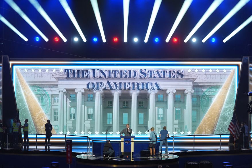 Treasury Secretary Scott Bessent stands at the podium for a rehearsal before the Republican convention Tuesday, Sept. 8, 2026, in Dallas. (AP Photo/Alex Brandon)