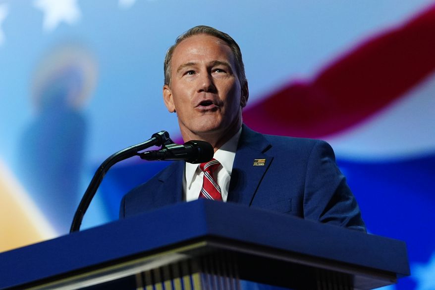 Sen. Jon Husted, R-Ohio, speaks at the Republican convention Wednesday, Sept. 9, 2026, in Dallas. (AP Photo/Julia Demaree Nikhinson)