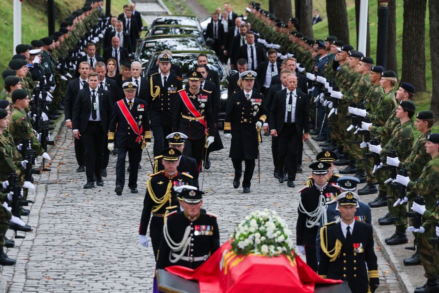 Norway's King Haakon VIII, King Carl Gustaf and King Frederik walk behind the bier carrying King Harald V from Oslo Cathedral to Akershus Fortress, Wednesday, Sept. 9, 2026. (Trond R. Teigen/NTB Scanpix via AP)