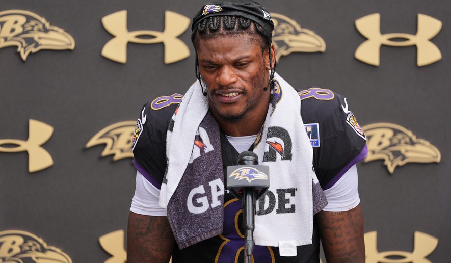 Baltimore Ravens quarterback Lamar Jackson speaks during a press conference following the team's NFL football joint training camp with the Washington Commanders, Wednesday, Aug. 26, 2026, in Owings Mills, Md. (AP Photo/Stephanie Scarbrough)