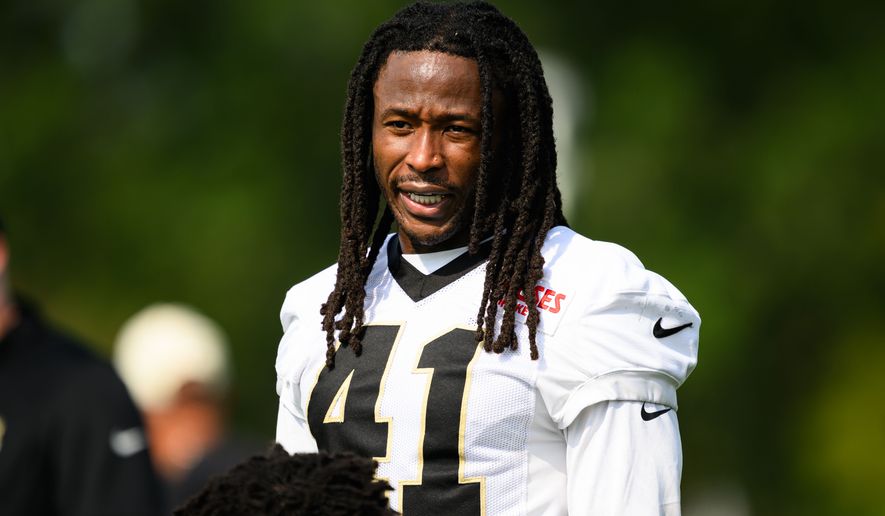 FILE - New Orleans Saints running back Alvin Kamara (41) stands during an NFL football training camp in Metairie, La., Thursday, July 30, 2026. (AP Photo/Ella Hall, File)