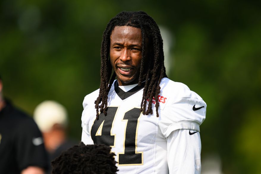 FILE - New Orleans Saints running back Alvin Kamara (41) stands during an NFL football training camp in Metairie, La., Thursday, July 30, 2026. (AP Photo/Ella Hall, File)