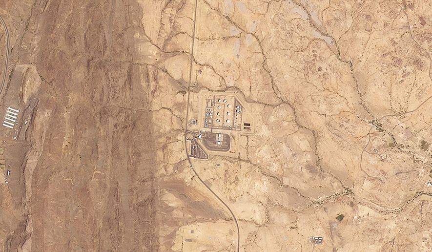 This satellite image provided by Planet Labs PBC shows a Saudi Aramco oil refinery north of Abha, Saudi Arabia, shortly before a plume of smoke began rising from the facility Tuesday, Sept. 8, 2026. (Planet Labs PBC via AP)