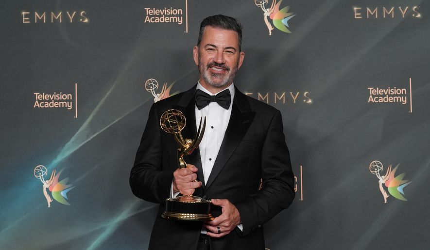 Jimmy Kimmel poses with the award for outstanding host for a game show for "Who Wants to Be a Millionaire?" during night one of the Creative Arts Emmy Awards on Saturday, Sept. 5, 2026, in Los Angeles. (AP Photo/Chris Pizzello)