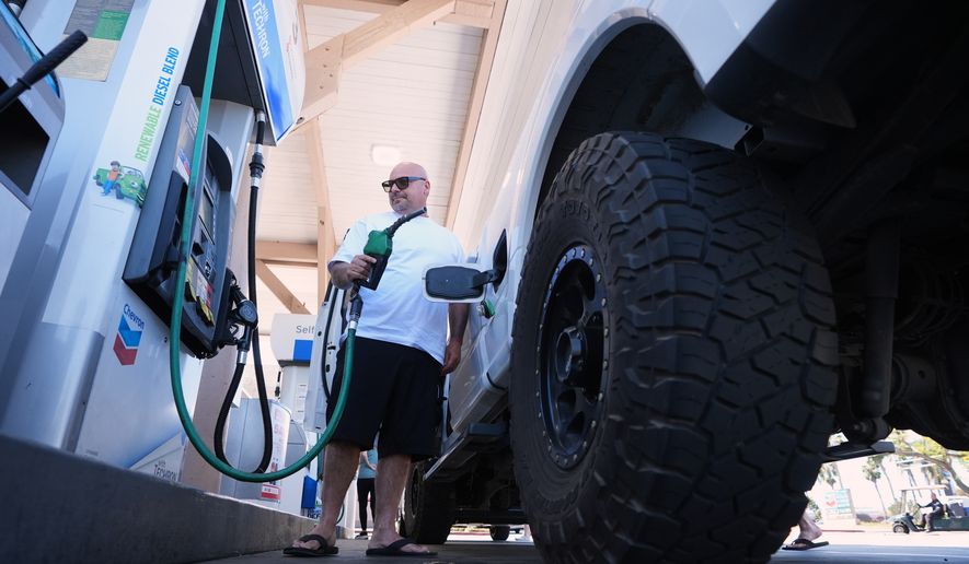 Lawrence Allison puts $175 dollars of diesel in his truck at a gas station Thursday, Sept. 10, 2026, in Carlsbad, Calif. (AP Photo/Gregory Bull)
