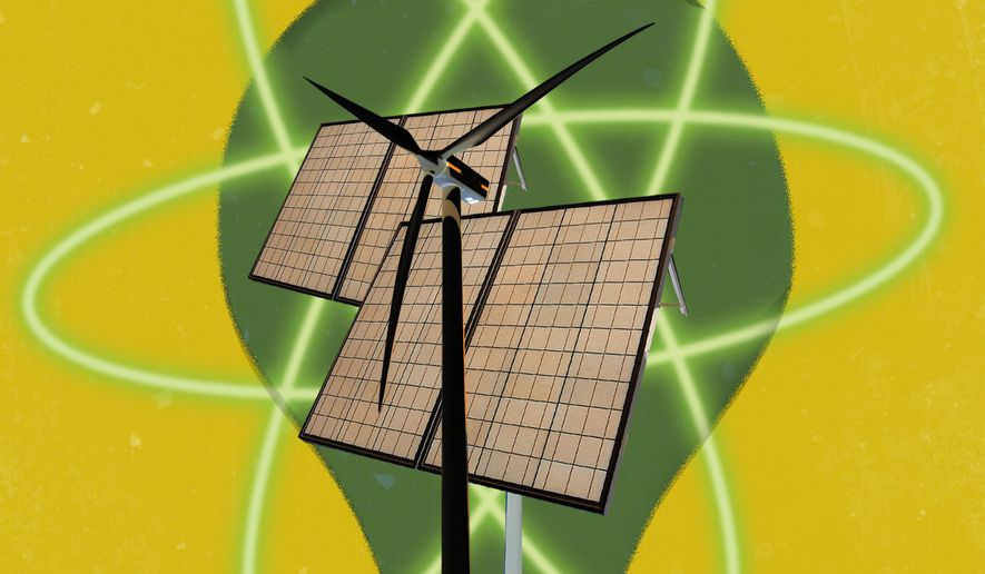 Nuclear energy versus wind and solar energy illustration by Linas Garsys / The Washington Times