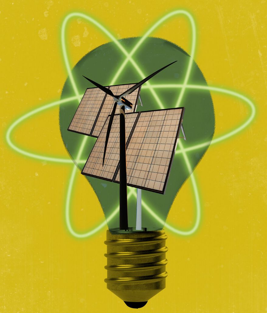 Nuclear energy versus wind and solar energy illustration by Linas Garsys / The Washington Times