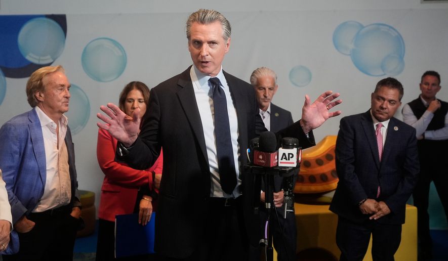 California Gov. Gavin Newsom speaks at a news conference at the Bay Area Discovery Museum, Thursday, Sept. 10, 2026, in Sausalito, Calif. (AP Photo/Jeff Chiu)