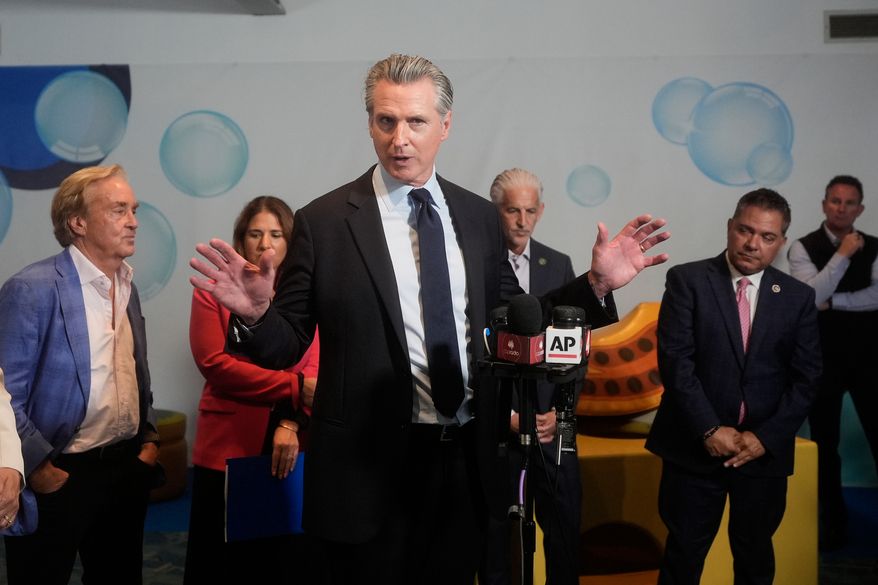 California Gov. Gavin Newsom speaks at a news conference at the Bay Area Discovery Museum, Thursday, Sept. 10, 2026, in Sausalito, Calif. (AP Photo/Jeff Chiu)