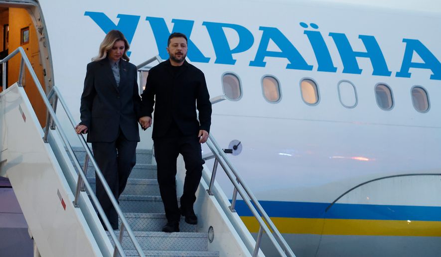 President of Ukraine Volodymyr Zelenskyy and his wife Olena Zelenska arrive in Calgary, Alberta, on Wednesday, Sept. 9, 2026. (Jeff McIntosh/The Canadian Press via AP)
