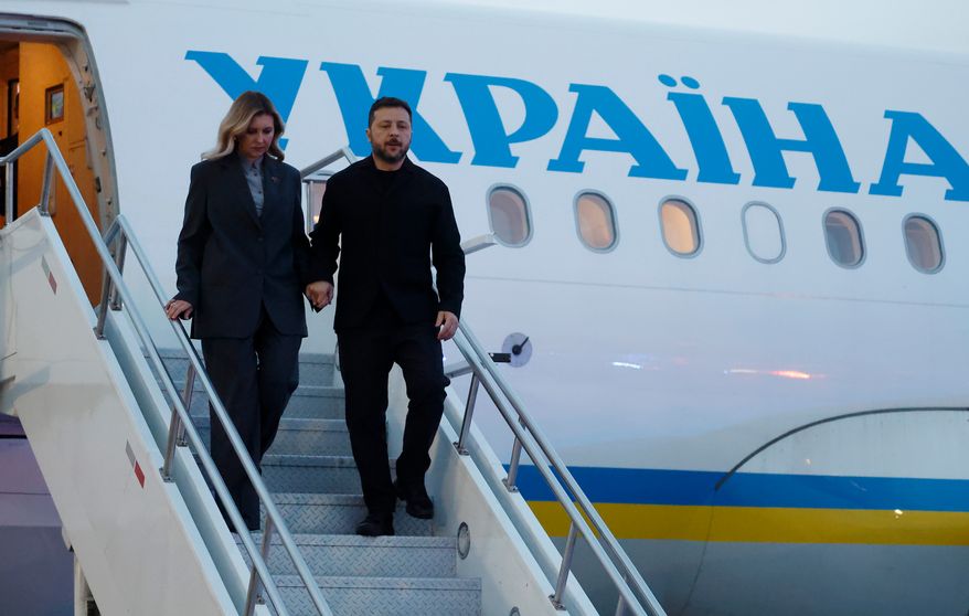 President of Ukraine Volodymyr Zelenskyy and his wife Olena Zelenska arrive in Calgary, Alberta, on Wednesday, Sept. 9, 2026. (Jeff McIntosh/The Canadian Press via AP)