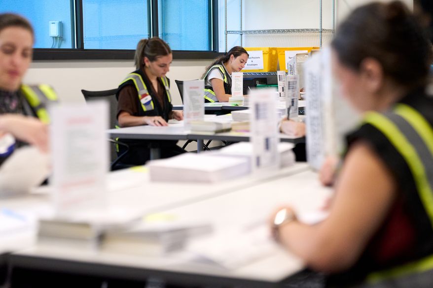 Wake County Board of Elections employees prepare absentee ballots to be mailed on Thursday, Sept. 3, 2026, in Raleigh, N.C. (AP Photo/Matt Ramey)