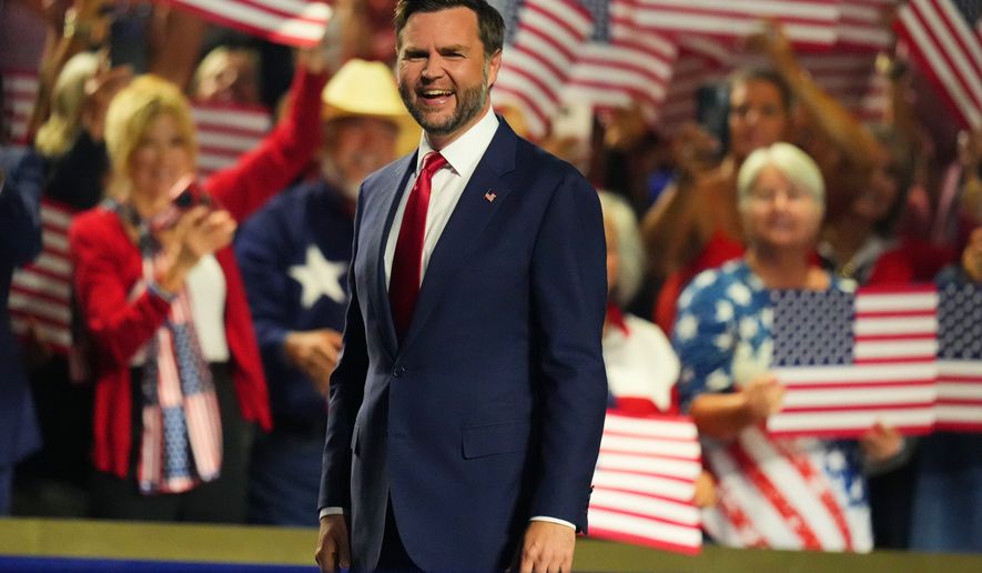 Vice President JD Vance arrives on the stage at the Republican convention Thursday, Sept. 10, 2026, in Dallas. (AP Photo/Julio Cortez)