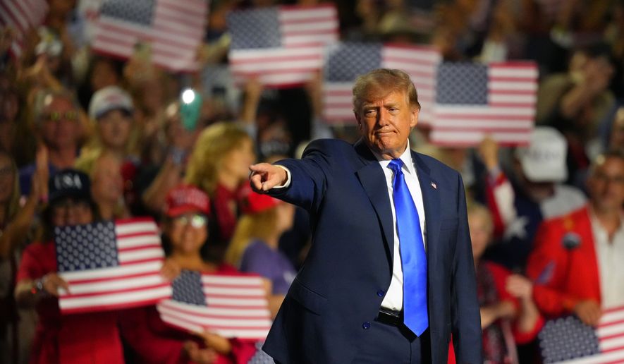 President Donald Trump gestures as he finishes his speech at the Republican convention Wednesday, Sept. 9, 2026, in Dallas. (AP Photo/Julio Cortez)