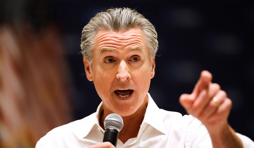 California Gov. Gavin Newsom speaks at a rally for democratic candidates in Monroe, N.C., on Saturday, Sept. 5, 2026. (AP Photo/Nell Redmond) ** FILE **