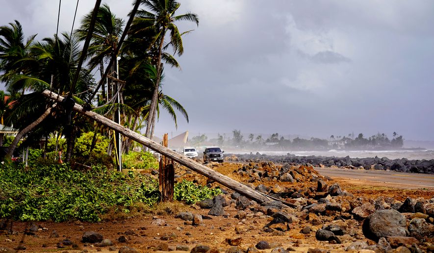 Damage caused by Hurricane Lowell is seen on Tuesday, Sept. 8, 2026 in Poʻipū on Kauaʻi's south shore, in Hawaii. (Kevin Fujii/Honolulu Civil Beat via AP)