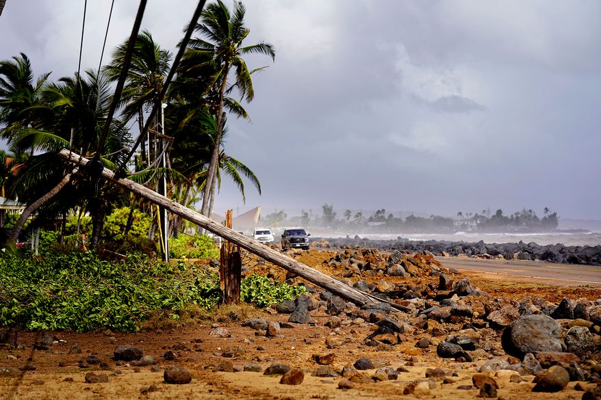 Damage caused by Hurricane Lowell is seen on Tuesday, Sept. 8, 2026 in Poʻipū on Kauaʻi's south shore, in Hawaii. (Kevin Fujii/Honolulu Civil Beat via AP)