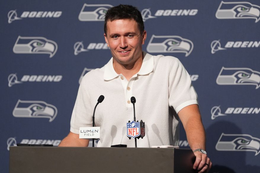 Seattle Seahawks quarterback Drew Lock speaks during a news conference after an NFL football game against the New England Patriots, Wednesday, Sept. 9, 2026, in Seattle. (AP Photo/Lindsey Wasson)