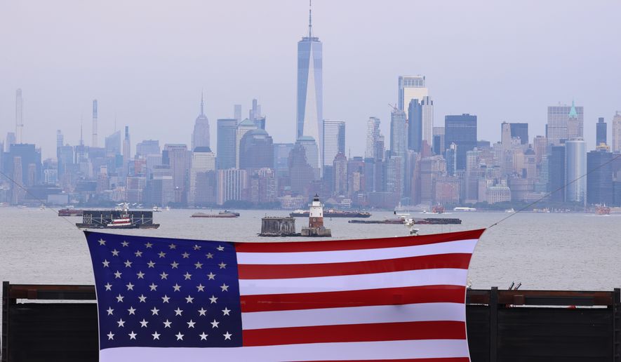 A general view of the New York skyline during an FDNY memorial to commemorate the 25th anniversary of the 9/11 attacks, Wednesday, Sept. 9, 2026, in the Staten Island borough of New York. (AP Photo/Pamela Smith)