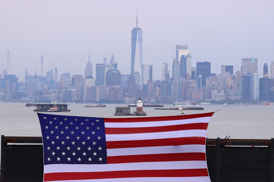 A general view of the New York skyline during an FDNY memorial to commemorate the 25th anniversary of the 9/11 attacks, Wednesday, Sept. 9, 2026, in the Staten Island borough of New York. (AP Photo/Pamela Smith)