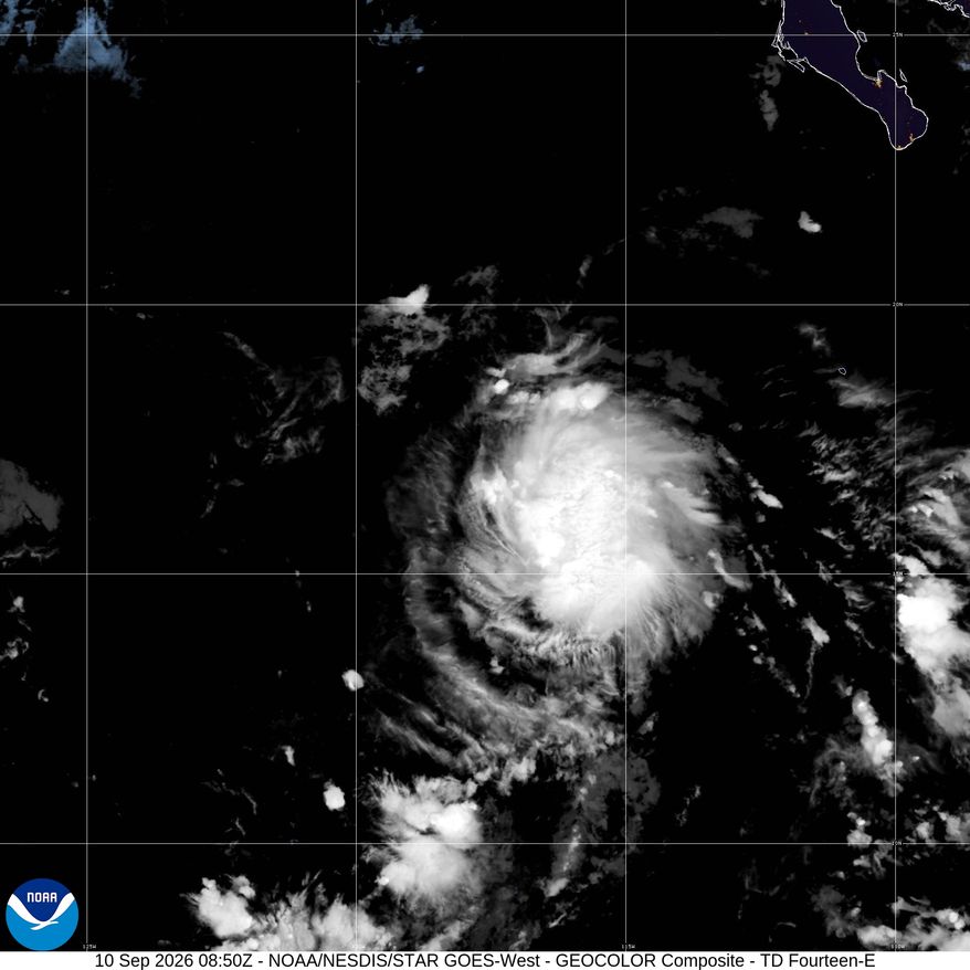 This satellite image released by NOAA shows Tropical Storm Norbert in the Pacific Ocean, Thursday, Sept. 10, 2026. (NOAA via AP)