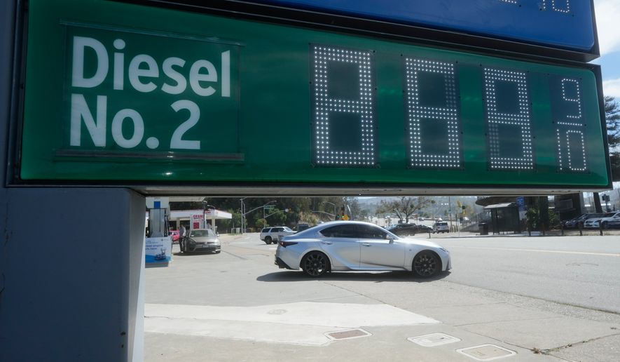 The cost of diesel is displayed on a gasoline price board at a gas station, Thursday, Sept. 10, 2026, in Mill Valley, Calif. (AP Photo/Jeff Chiu)
