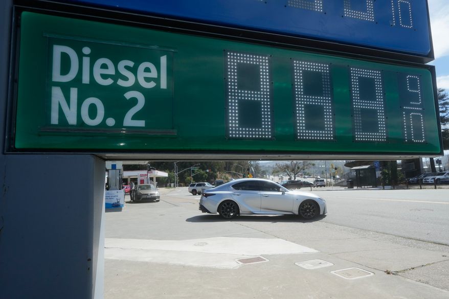 The cost of diesel is displayed on a gasoline price board at a gas station, Thursday, Sept. 10, 2026, in Mill Valley, Calif. (AP Photo/Jeff Chiu)