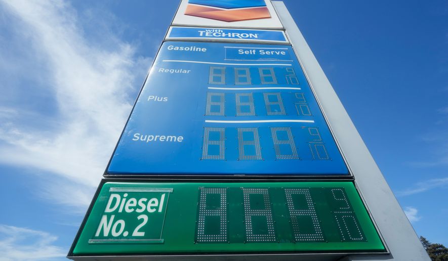The cost of diesel is displayed on the bottom of a gasoline price board at a gas station, Thursday, Sept. 10, 2026, in Mill Valley, Calif. (AP Photo/Jeff Chiu)