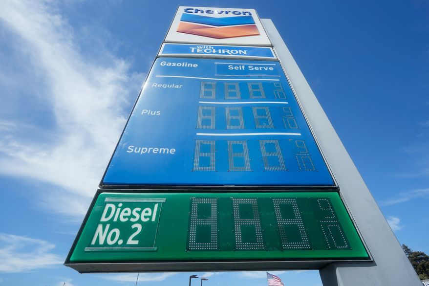 The cost of diesel is displayed on the bottom of a gasoline price board at a gas station, Thursday, Sept. 10, 2026, in Mill Valley, Calif. (AP Photo/Jeff Chiu)