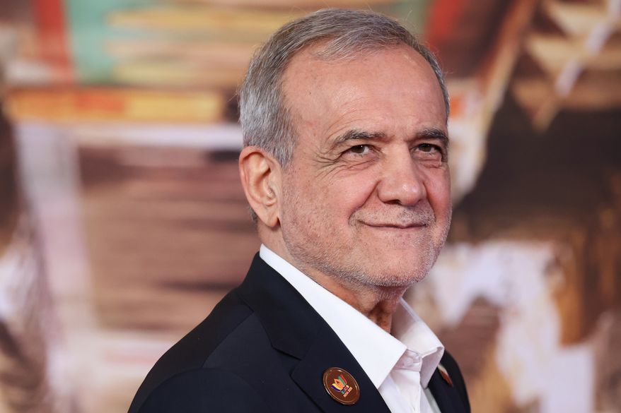 Iranian President Masoud Pezeshkian attends the BRICS Summit in New Delhi, India, Saturday, Sept. 12, 2026. (Alexander Kazakov, Sputnik, Kremlin/Pool Photo via AP) ** FILE **