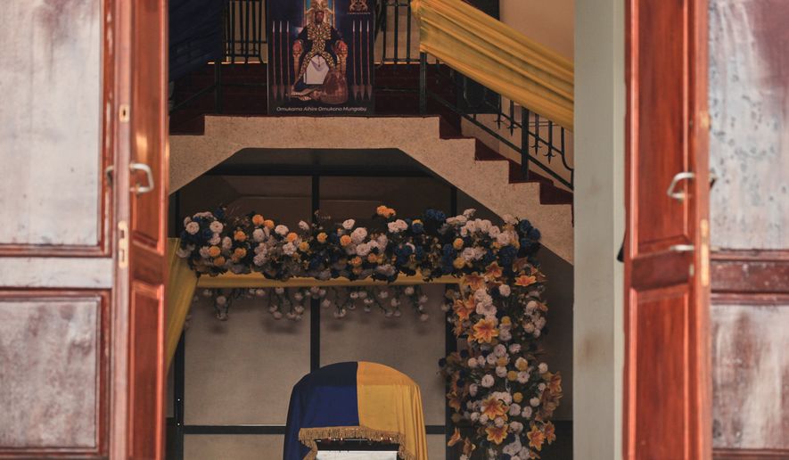 The casket of Tooro's King Oyo Nyimba is placed at Karuziika Palace, the official royal residence, in Fort Portal, Uganda, Saturday, Sept. 12, 2026. (AP Photo/Patrick Onen)
