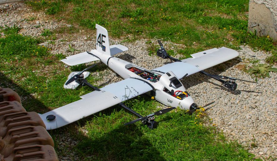 A custom made reconnaissance drone is seen at the Hohenfels training center in Germany during an annual training exercise taking place at the facility in Hohenfels, Germany, Aug. 29, 2026. (AP Photo/Konstantin Toropid)