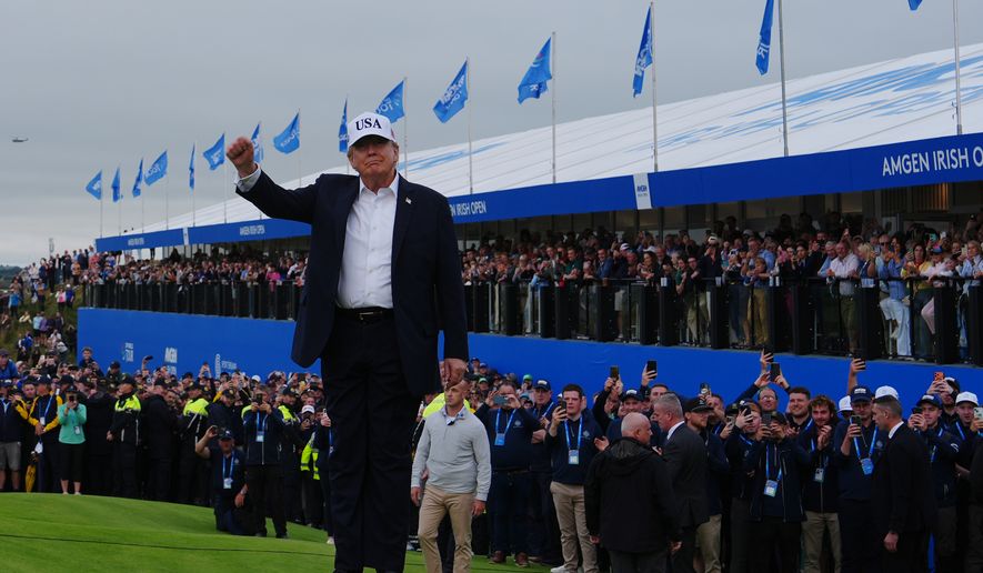 U.S. President Donald Trump attends the Irish Open golf tournament at Trump International Golf Links in Doonbeg, Ireland, Sunday, Sept. 13, 2026. (AP Photo/Julia Demaree Nikhinson)