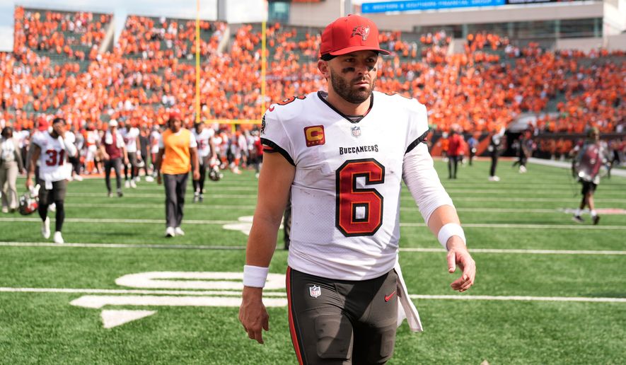 Tampa Bay Buccaneers quarterback Baker Mayfield (6) leaves the field after a 33-27 loss to the Cincinnati Bengals in an NFL football game Sunday, Sept. 13, 2026, in Cincinnati. (AP Photo/Carolyn Kaster)