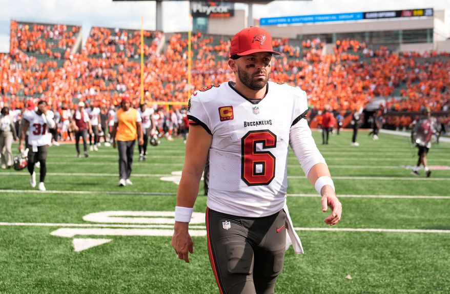 Tampa Bay Buccaneers quarterback Baker Mayfield (6) leaves the field after a 33-27 loss to the Cincinnati Bengals in an NFL football game Sunday, Sept. 13, 2026, in Cincinnati. (AP Photo/Carolyn Kaster)