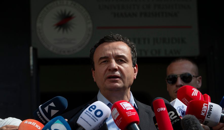 FILE - Kosovo's then acting Prime Minister and Vetevendosje party leader Albin Kurti addresses media after voting in parliamentary election in Pristina, Kosovo, June 7, 2026. (AP Photo/Visar Kryeziu, File)