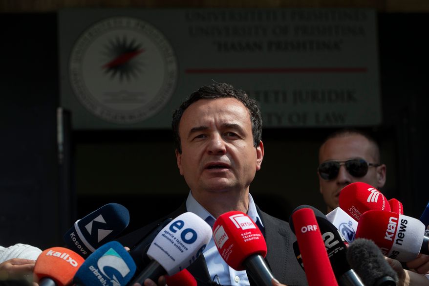 FILE - Kosovo's then acting Prime Minister and Vetevendosje party leader Albin Kurti addresses media after voting in parliamentary election in Pristina, Kosovo, June 7, 2026. (AP Photo/Visar Kryeziu, File)