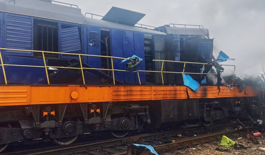 In this photo provided by the Ukrainian Ukrzaliznytsia Railway Company Press Office, a locomotive damaged in a Russian drone attack is seen at Yahodyn railway station near Ukraine's border with Poland, Ukraine, Sunday, Sept. 13, 2026. (Ukrainian Ukrzaliznytsia Railway Company Press Office via AP)