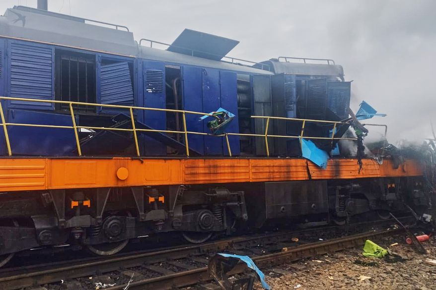 In this photo provided by the Ukrainian Ukrzaliznytsia Railway Company Press Office, a locomotive damaged in a Russian drone attack is seen at Yahodyn railway station near Ukraine's border with Poland, Ukraine, Sunday, Sept. 13, 2026. (Ukrainian Ukrzaliznytsia Railway Company Press Office via AP)