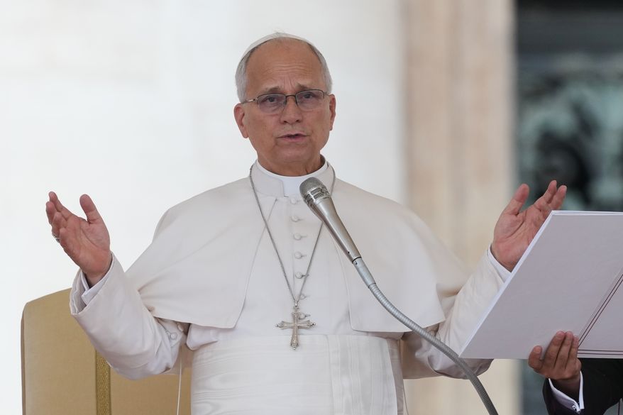 Pope Leo XIV holds his weekly general audience in St. Peter's Square at The Vatican, Wednesday, Sept.9, 2026. (AP Photo/Andrew Medichini)