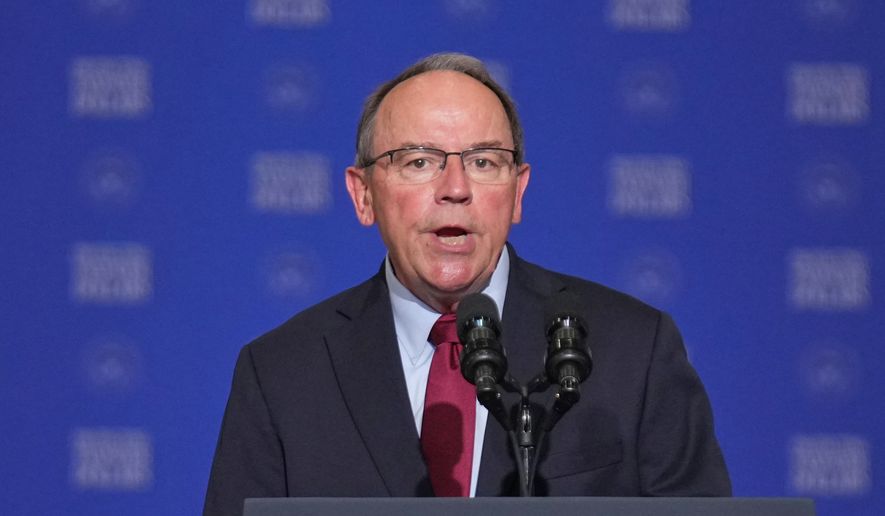 Rep. Tom Tiffany, R-Wis., speaks at the Wisconsin Air National Guard facility at Milwaukee Mitchell International Airport, July 8, 2026, in Milwaukee. (AP Photo/Mark Schiefelbein, Pool, File)