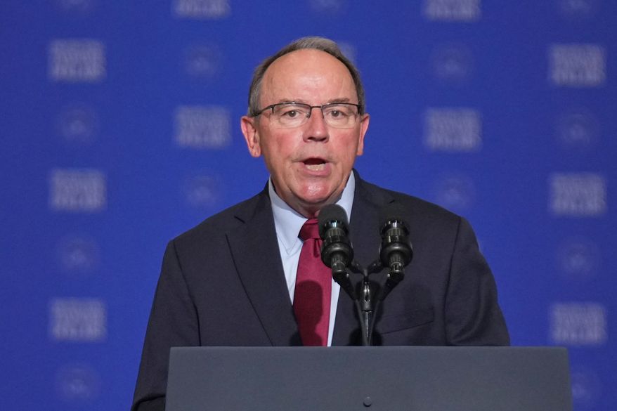 Rep. Tom Tiffany, R-Wis., speaks at the Wisconsin Air National Guard facility at Milwaukee Mitchell International Airport, July 8, 2026, in Milwaukee. (AP Photo/Mark Schiefelbein, Pool, File)