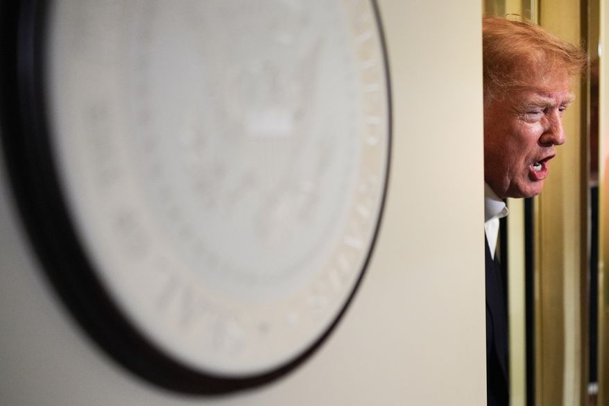 President Donald Trump speaks with reporters while in flight on Air Force One from Shannon, Ireland, to Joint Base Andrews, Md., on Sunday, Sept. 13, 2026. (AP Photo/Julia Demaree Nikhinson) **FILE**