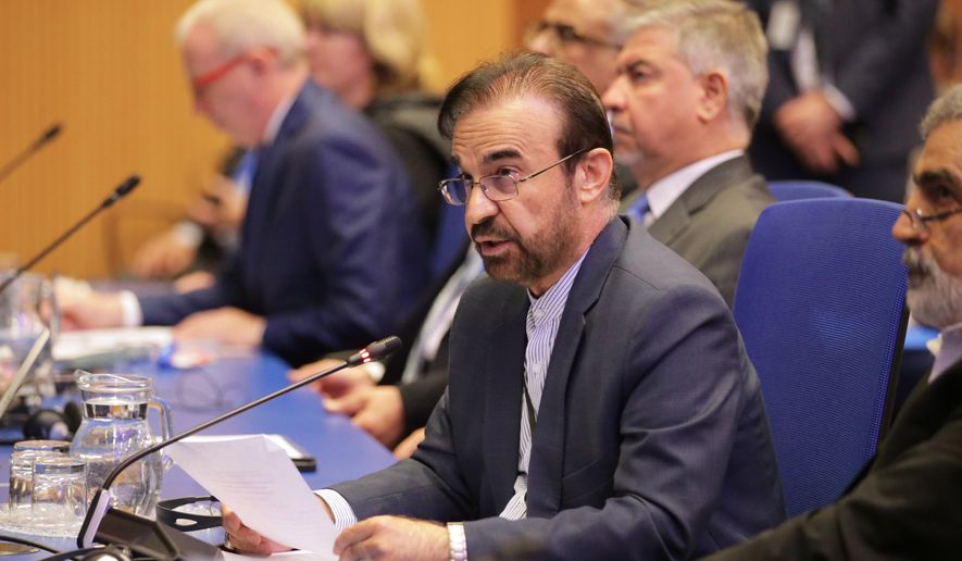 Reza Najafi, Iran's IAEA ambassador, speaks during the annual General Conference of the International Atomic Energy Agency (IAEA) in Vienna, Austria, Monday, Sept. 14, 2026. (AP Photo/Heinz-Peter Bader)