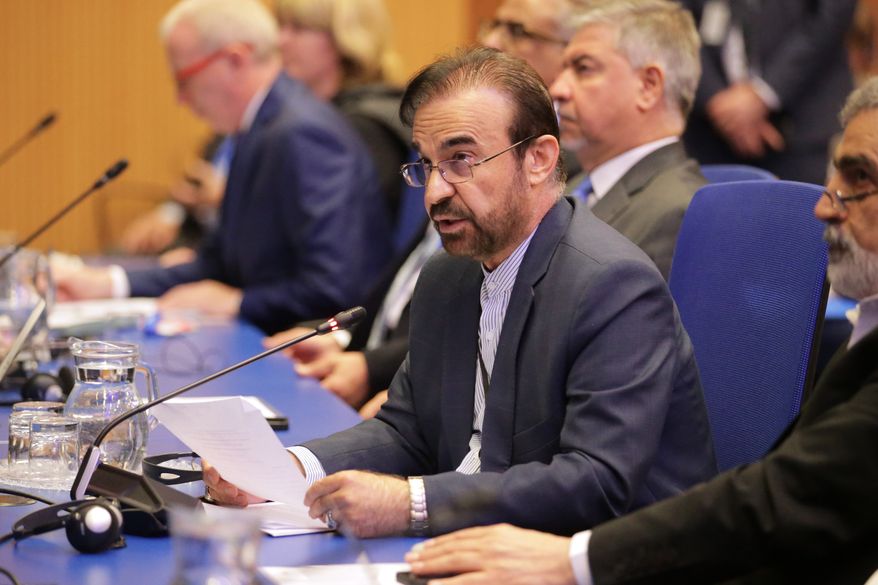 Reza Najafi, Iran's IAEA ambassador, speaks during the annual General Conference of the International Atomic Energy Agency (IAEA) in Vienna, Austria, Monday, Sept. 14, 2026. (AP Photo/Heinz-Peter Bader)